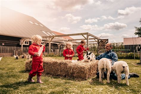 Vogelvlucht over de agrarische kinderopvang met groene speelruimtes en nabijgelegen natuurgebied.