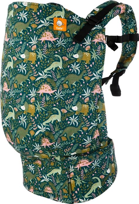 Close-up van de gewatteerde schouderbanden en de heupgordel met opbergvak van een Tula draagzak.