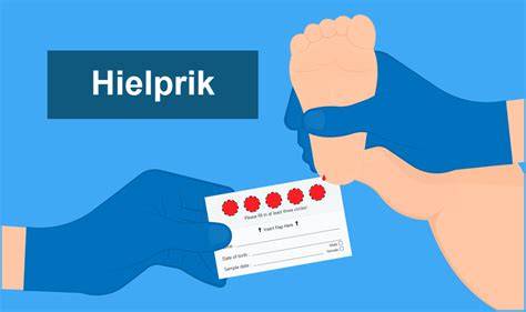 Illustratie van de Apgar-test en de hielprik.