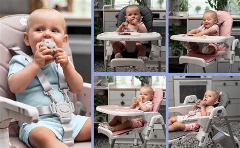 Infographic met pijlen die de verstelbare hoogte, afneembaar dienblad en reinigbare bekleding van de Chicco kinderstoel demonstreren