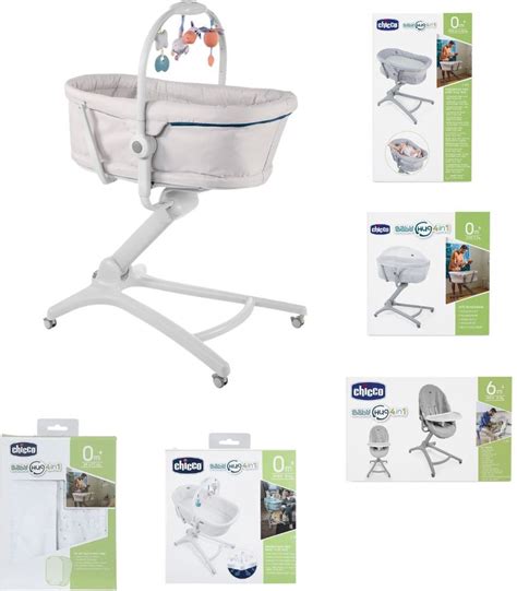 Illustratie die de verschillende functies van een Chicco 5-in-1 wieg toont: slaapstand, relaxmodus, kinderstoel.