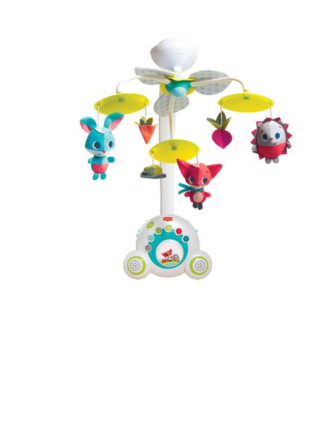 Schematische weergave van de Tiny Love Sooth 'N Groove met focus op de dubbele speakers en afneembare module.