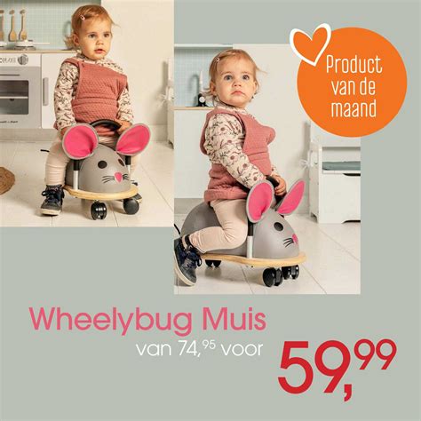 Illustratie van de Wheelybug Muis met kind dat erop rijdt