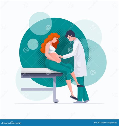 Illustratie van een zwangere vrouw die een stethoscoop gebruikt om de hartslag van de baby te beluisteren.