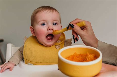 Baby van 8 maanden die leert eten met een lepel, illustratie van gezonde voeding.