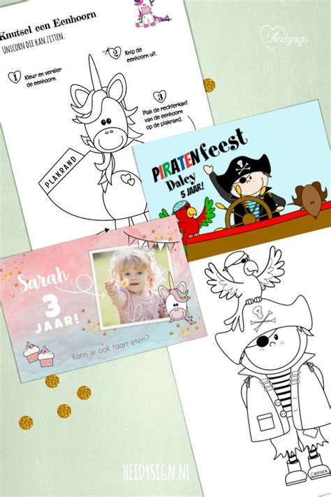 Illustratie van diverse kinderfeest thema's zoals piraten, prinsessen, ruimte en dieren.