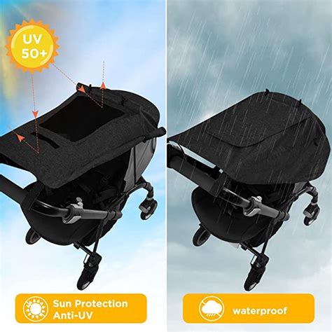 Baby in kinderwagen met zonnekap, parasol en beschermende doek