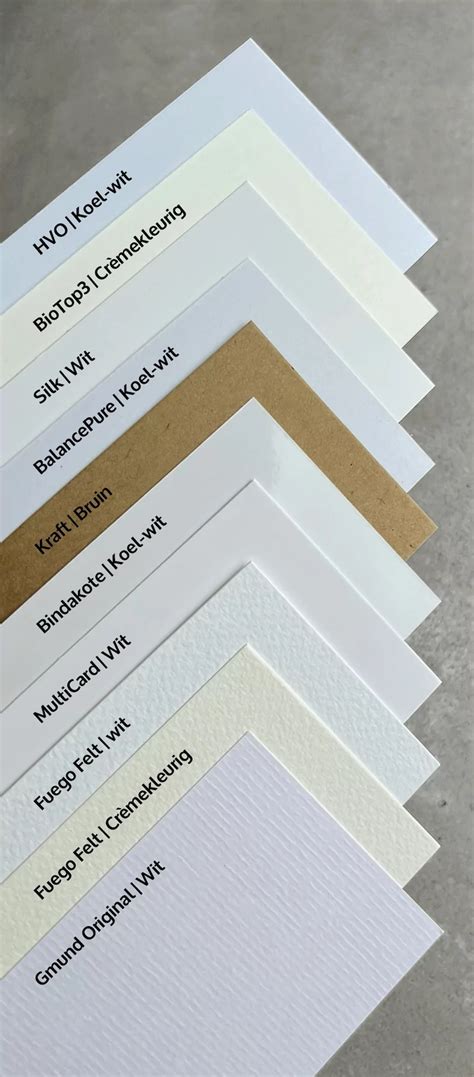 Illustratie van verschillende papiersoorten met hun texturen en afwerkingen