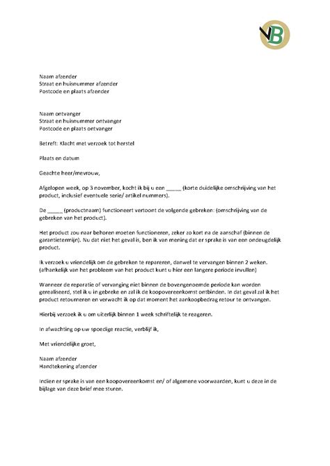 Voorbeeld van een formele brief voor een klacht.