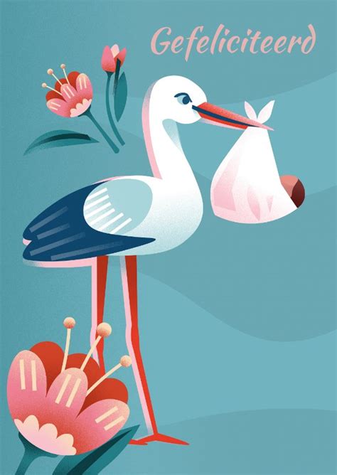 Illustratie van een ooievaar met een baby in de snavel, symbool voor geboorte.