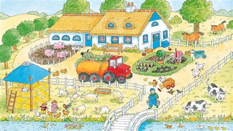 Een gedetailleerde illustratie van een levendige boerderij met gewassen, dieren en een boerderijhuis.