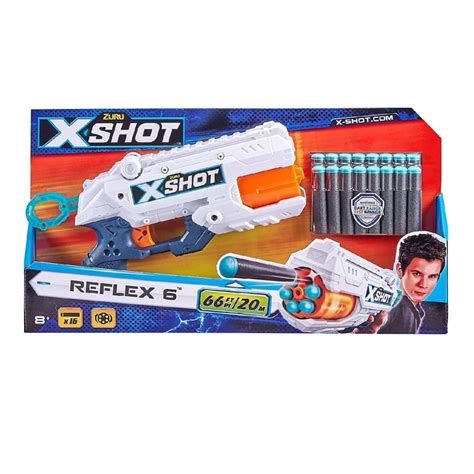 Illustratie van de X-Shot Reflex-6 en X-Shot Kickback blasters, met pijltjes.