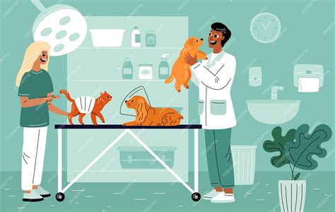 Illustratie van een dierenarts die rustig met een huisdier en eigenaar praat