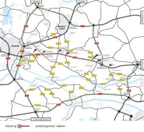 Situatietekening van de omleidingsroutes rondom de werkzaamheden op de Ringbaan-Zuid.