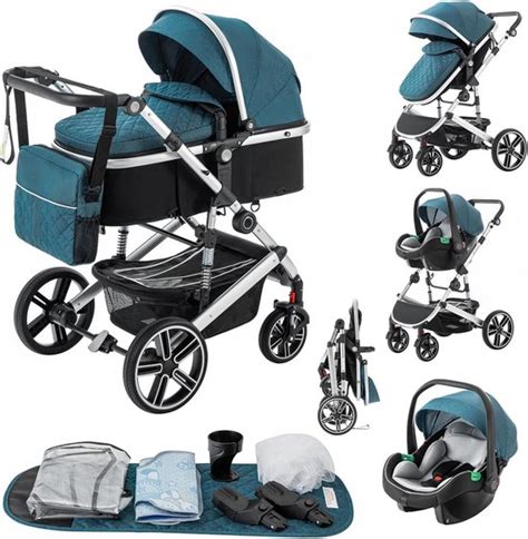 Illustratie van een 3-in-1 kinderwagensysteem met reiswieg, zitje en autostoeltje op het onderstel.