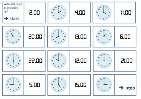 Voorbeeld van diverse picto-klokken met analoge en digitale weergave van tijdstippen.