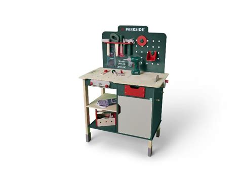 Collage van verschillende Parkside speelgoed werkbanken, met details van accessoires en geluidsfuncties.