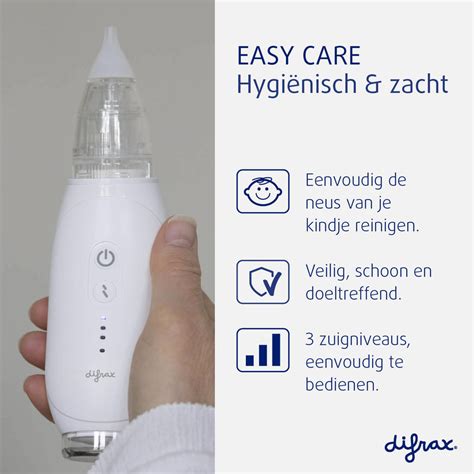 Gedetailleerde afbeelding van de Difrax elektrische neusreiniger met verschillende opzetstukken.