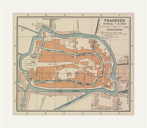 Historische kaart van Franeker met aanduiding van oude straatnamen en locaties.