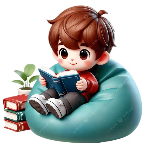Illustratie van een vrolijke peuter die in een zitzak zit met een boekje.