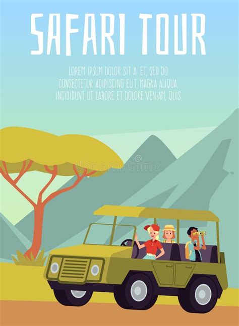 Illustratie van een safarivoertuig dat door de Afrikaanse savanne rijdt met toeristen, op zoek naar wilde dieren.