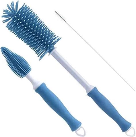 3-Delige Siliconen Flessenborstel Set (Blauw) voor hygiënisch en krasvrij schoonmaken van alle babyflessen en accessoires.