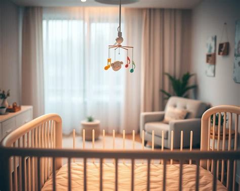 Een baby die rustig kijkt naar een muziekmobiel boven het ledikantje.
