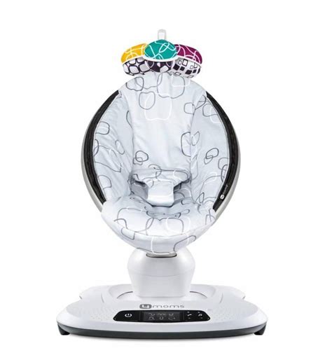 Illustratie van een elektrische wipstoel met een baby erin, met icoontjes voor muziek en schommelbewegingen.