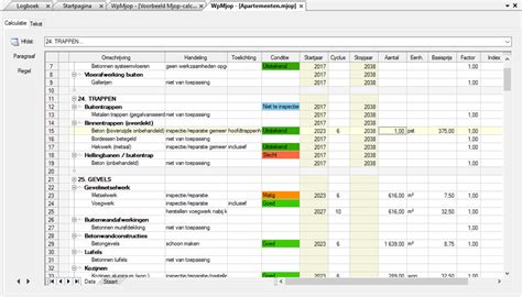 Screenshot van een gestructureerd Excel-sjabloon voor een meerjarenonderhoudsplan, met kolommen voor taken, data en kosten.