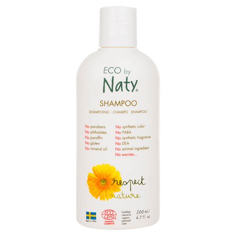 Collage van verschillende Eco by Naty verzorgingsproducten zoals shampoo, lotion en badschuim.