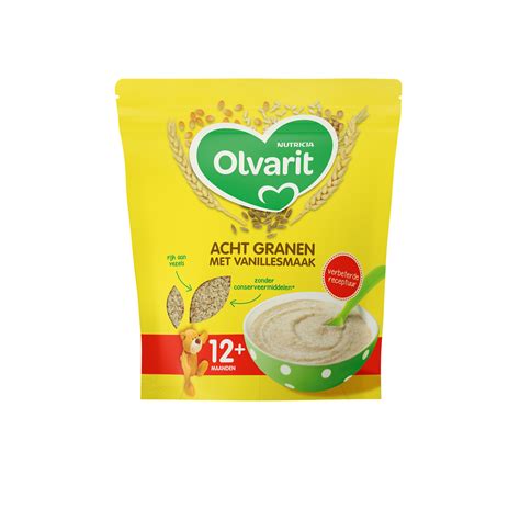 Illustratie van diverse Olvarit babyvoedingsproducten zoals fruithapjes, maaltijden en granenpap