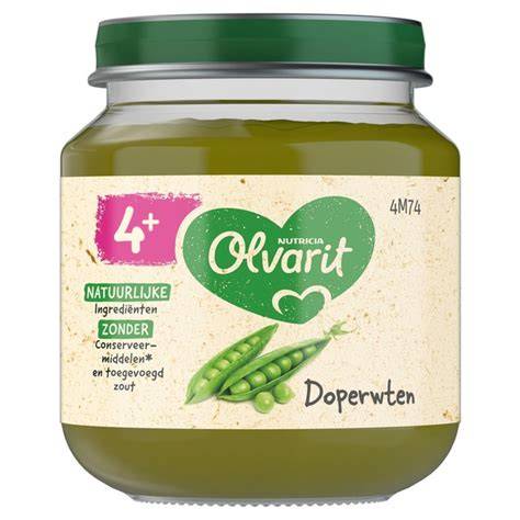 Foto van een baby die enthousiast Olvarit Doperwten 4+ eet