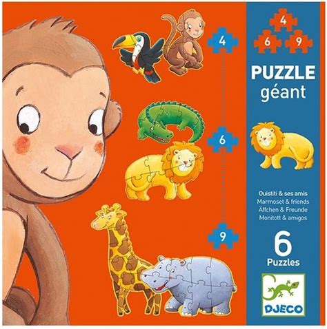 Een overzicht van verschillende Djeco puzzels, van baby- tot seniorenuitvoeringen.