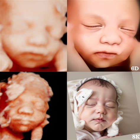 Een gedetailleerde 3D echofoto van een babygezichtje met volle wangen.