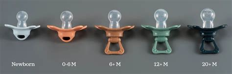 Collage van verschillende natuurrubberen fopspenen in diverse vormen (rond, ovaal, plat) en natuurlijke kleuren.