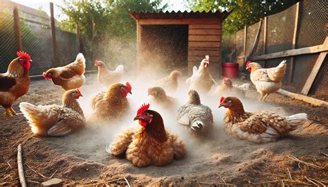 Kippen die een stofbad nemen in een zonnige omgeving.