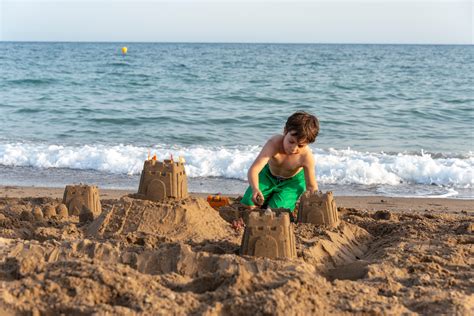 Illustratie van twee broertjes die een zandkasteel bouwen op het strand, met palmbomen en de zee op de achtergrond.