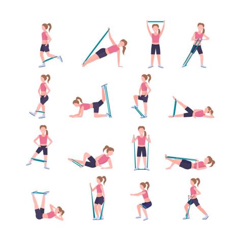 Illustraties van oefeningen met een dynaband voor verschillende spiergroepen.