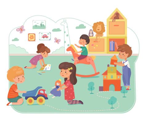 Illustratie van een kinderdagverblijf met diverse kinderen en begeleiders.