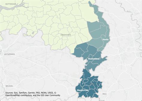 Een kaart van Zuid-Limburg met de focus op de regio Heerlen en Maastricht om de geografische reikwijdte van het samenwerkingsverband aan te duiden.