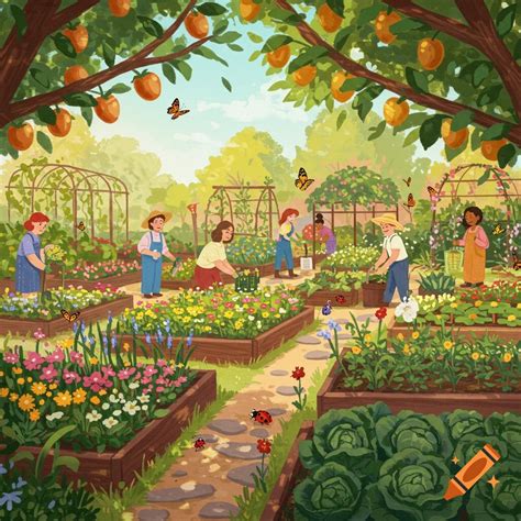 Illustration of a children's garden with raised beds for vegetables and children playing nearby