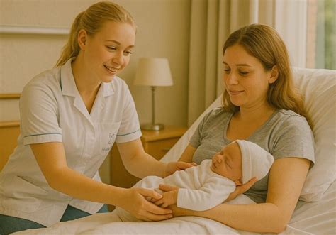 Illustratie van een kraamverzorgende die zorg verleent aan een pasgeboren baby en de ouders.