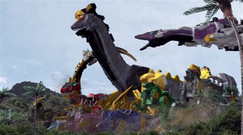 Een afbeelding van de Dino Charge Power Rangers in actie, met hun dinosaur-thema Zords.