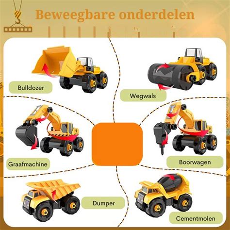 Illustratie van verschillende soorten zandbak speelgoed zoals kranen, graafmachines en kiepwagens.