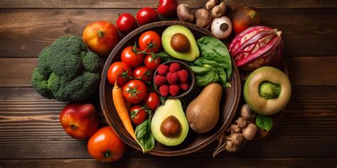 Illustratie van een bord met diverse gezonde voedingsmiddelen zoals groenten, fruit, vis en volkorenproducten.