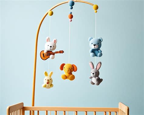Een baby in een wiegje kijkt naar een kleurrijke muziekmobiel met dierenfiguurtjes.