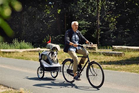 Foto van de Outbee Hondenfietskar in gebruik als buggy, met een hond comfortabel in de kar.