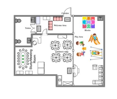 Plattegrond van Right at Home Kinderopvang met vermelding van speelruimtes en slaapkamers.