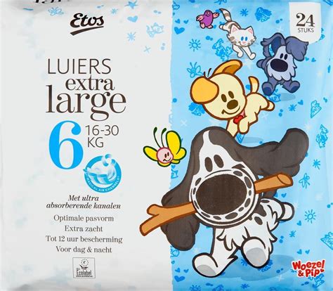 Overzicht van de verschillende maten Etos luiers en luierbroekjes, met Woezel & Pip print.