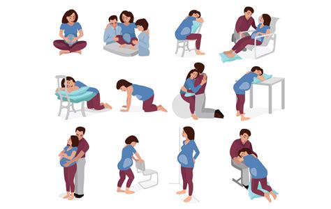 Illustratie van verschillende bevalhoudingen zoals hurken, knielen en op handen en knieën